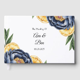 Navy Peony Citrus Waterverf Floral Wedding Gastenboek