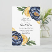 Navy Peony Citrus Waterverf Floral Wedding Kaart (Staand voorkant)