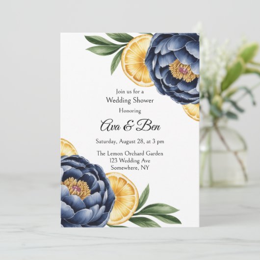 Navy Peony Citrus Waterverf Floral Wedding Kaart (Staand voorkant)