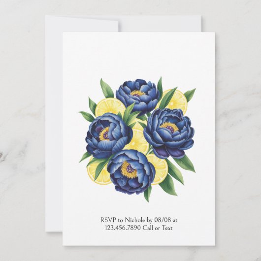 Navy Peony Citrus Waterverf Floral Wedding Kaart (Achterkant)