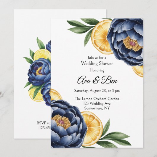 Navy Peony Citrus Waterverf Floral Wedding Kaart (Voorkant / Achterkant)