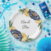 Navy Peony Citrus Waterverf Floral Wedding Papieren Bordje (Feest)