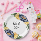 Navy Peony Citrus Waterverf Floral Wedding Papieren Bordje (Feest)