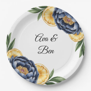 Navy Peony Citrus Waterverf Floral Wedding Papieren Bordje