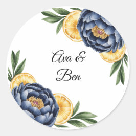 Navy Peony Citrus Waterverf Floral Wedding Ronde Sticker