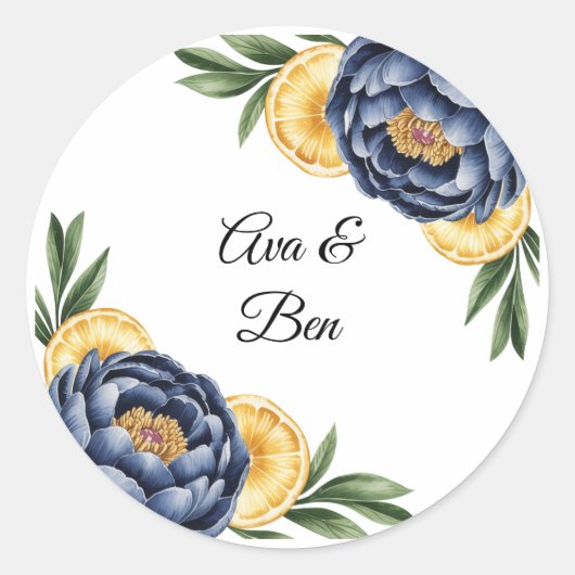 Navy Peony Citrus Waterverf Floral Wedding Ronde Sticker (Voorkant)