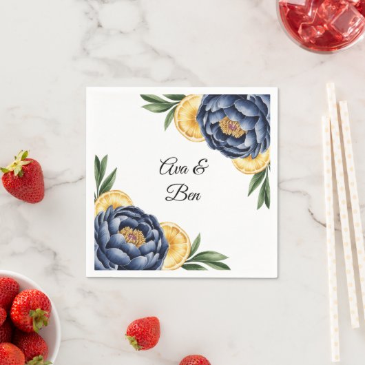 Navy Peony Citrus Waterverf Floral Wedding Servet (Insitu)