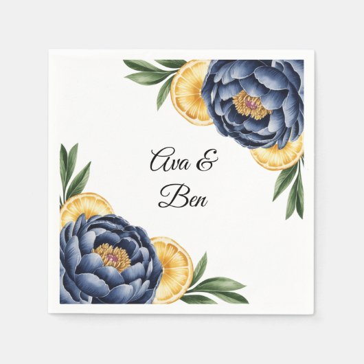 Navy Peony Citrus Waterverf Floral Wedding Servet (Voorkant)