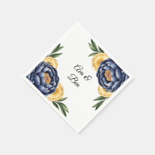 Navy Peony Citrus Waterverf Floral Wedding Servet (Hoek)