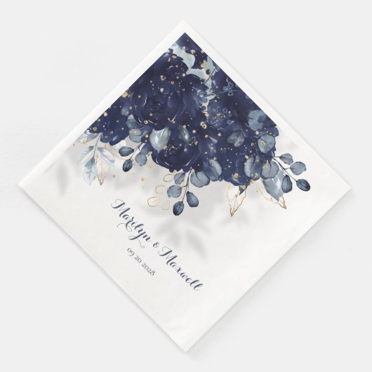 Navy Peony Eucalyptus Gold Splatter Floral Shadow Servet (Hoek)