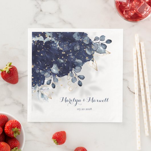 Navy Peony Eucalyptus Gold Splatter Floral Shadow Servet (Insitu)