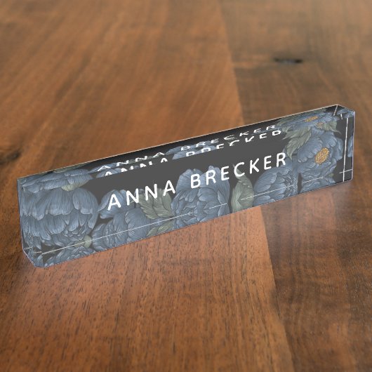 Navy Peony Floral Feminine Elegant, donker Naambordje (Zijkant)