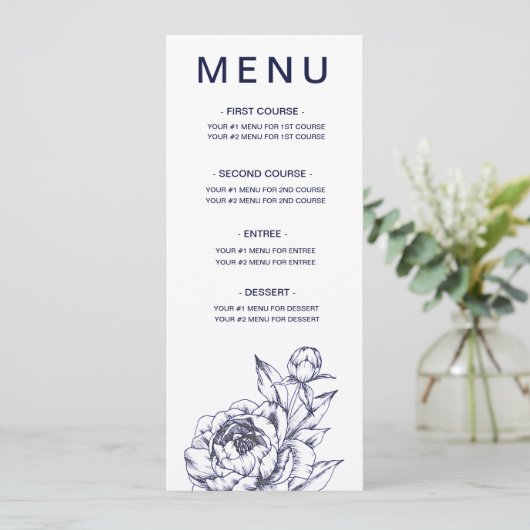 Navy Peony Simple Menu Kaart (Staand voorkant)