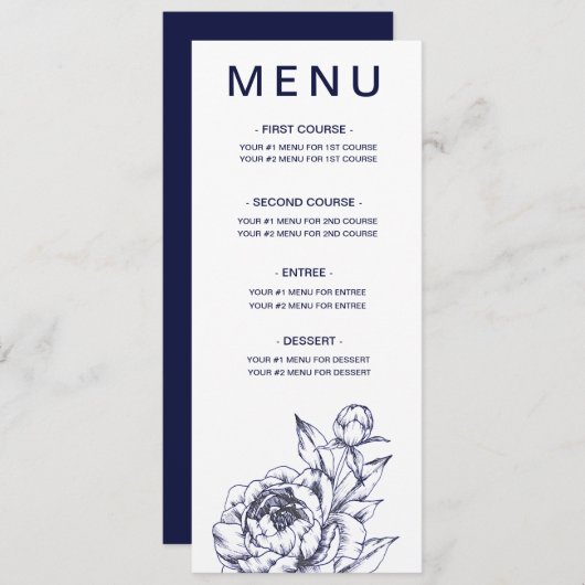 Navy Peony Simple Menu Kaart (Voorkant / Achterkant)