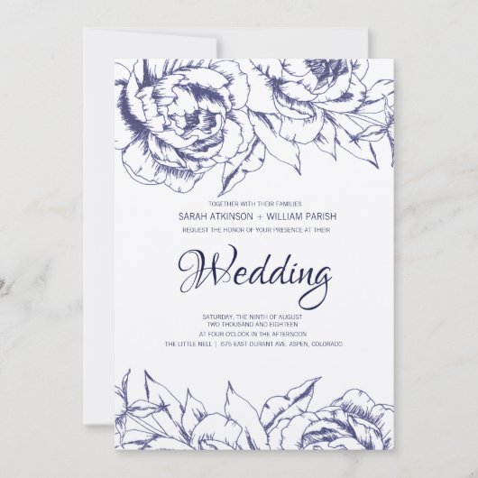 Navy Peony Simple Wedding Invitation Kaart (Voorkant)