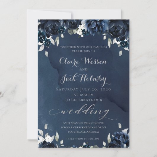 Navy Peony Wedding Invitation Kaart (Voorkant)