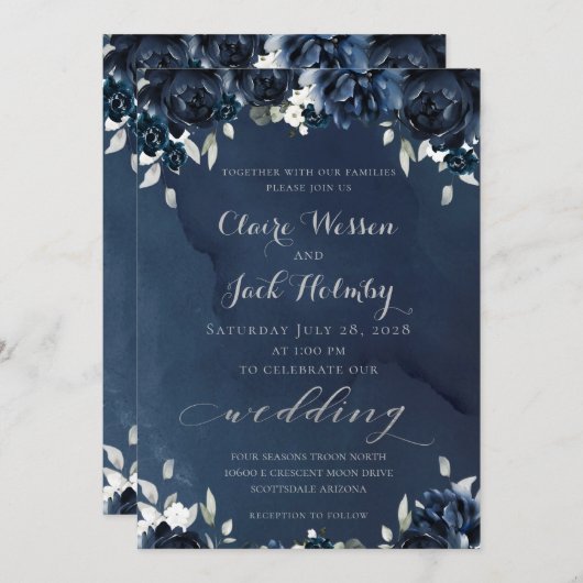 Navy Peony Wedding Invitation Kaart (Voorkant / Achterkant)