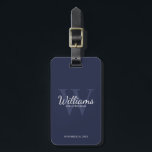 Navy Personaliseer Groomsmen's naam en Monogram Bagagelabel<br><div class="desc">Voeg een persoonlijk tintje toe aan uw bruiloft met gepersonaliseerd groomsmen bagagelabel. Dit bagagelabel is voorzien van gepersonaliseerde groomsman's naam in witte classic script lettertype stijl met bruiloft details in witte classic serif lettertype stijl en monogram in licht navy blue classic serif lettertype stijl als achtergrond, op navy blue achtergrond....</div>