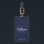 Navy Personaliseer Groomsmen's naam en Monogram Bagagelabel<br><div class="desc">Voeg een persoonlijk tintje toe aan uw bruiloft met gepersonaliseerd groomsmen bagagelabel. Dit bagagelabel is voorzien van gepersonaliseerde groomsman's naam in witte classic script lettertype stijl met bruiloft details in witte classic serif lettertype stijl en monogram in licht navy blue classic serif lettertype stijl als achtergrond, op navy blue achtergrond....</div>