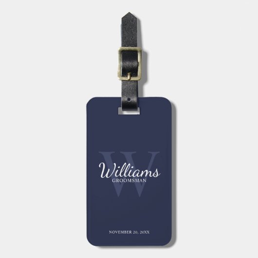 Navy Personaliseer Groomsmen's naam en Monogram Bagagelabel (Voorkant verticaal)