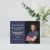 Navy Personalized Photo Afstuderen Save the Date Briefkaart (Staand voorkant)