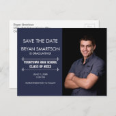 Navy Personalized Photo Afstuderen Save the Date Briefkaart (Voorkant / Achterkant)