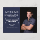 Navy Personalized Photo Afstuderen Save the Date Briefkaart (Voorkant)