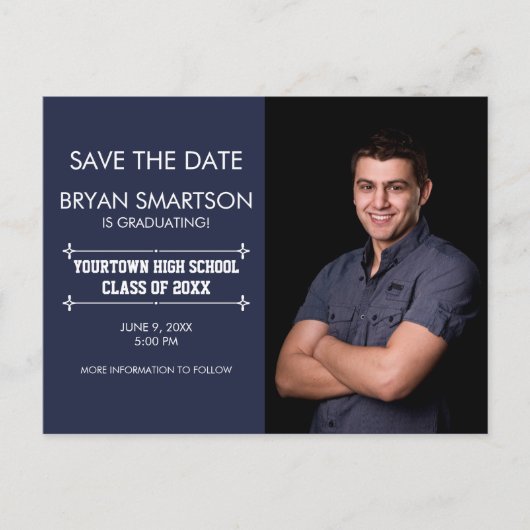 Navy Personalized Photo Afstuderen Save the Date Briefkaart (Voorkant)