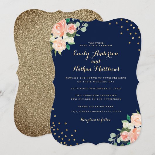 Navy Perzik Gouden Bloem Confetti Bruiloft Kaart (Voorkant / Achterkant)