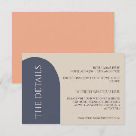 NAVY & PERZIKKLEURIGE BOOG-HUWELIJKSDETAIL ENCLUSI INFORMATIEKAARTJE