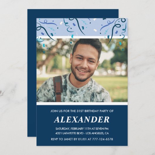 Navy Photo 31st Birthday Invitations Man Kaart (Voorkant / Achterkant)