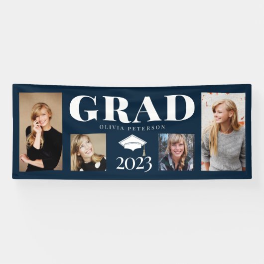 Navy Photo Collage Afstuderen klasse 2023 Spandoek (Horizontaal)