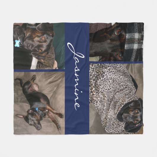 Navy Photo Collage Dog Fleece Deken (Voorkant (Horizontaal))
