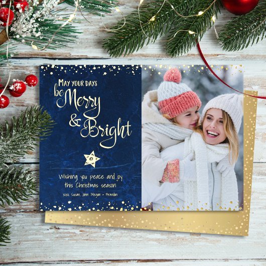 Navy Photo Days Be Merry Bright Script Echt Goud Folie Feestdagenkaart