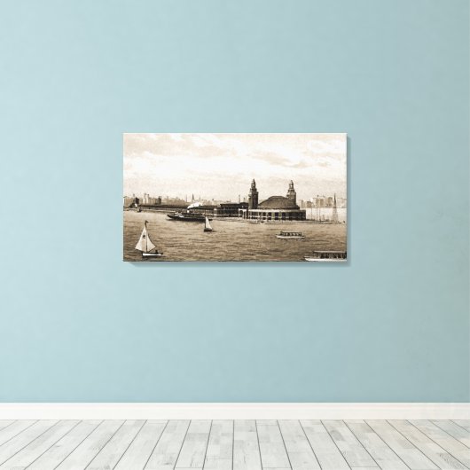 Navy Pier van Lake Chicago Kunst van de Waterverf  Canvas Afdruk (Insitu (Houten vloer))