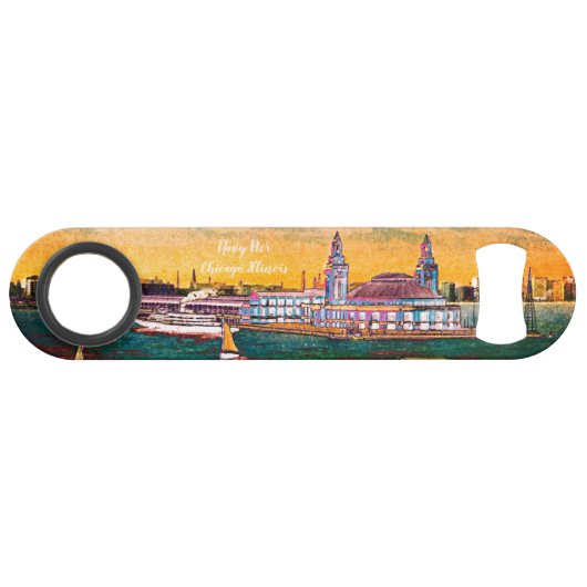 Navy Pier van Lake Chicago Waterverf Art Speed Flessenopener (Voorkant (Horizontaal))