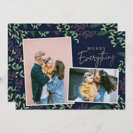 Navy Pine Berries Merry All Multiple Photo Feestdagenkaart (Voorkant / Achterkant)
