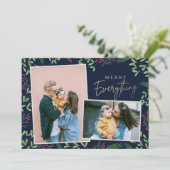 Navy Pine Berries Merry All Multiple Photo Feestdagenkaart (Staand voorkant)