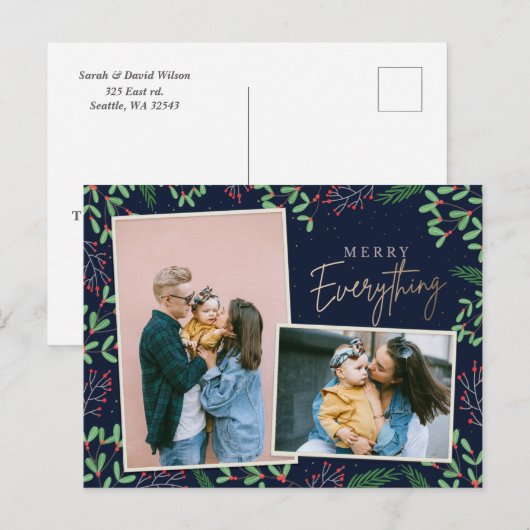 Navy Pine Berries Merry All Multiple Photo Feestdagenkaart (Voorkant / Achterkant)