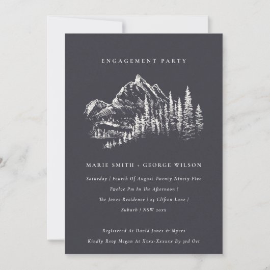 Navy Pine Bossen Mountain Sketch Verloving Invite Bedankkaart (Voorkant)