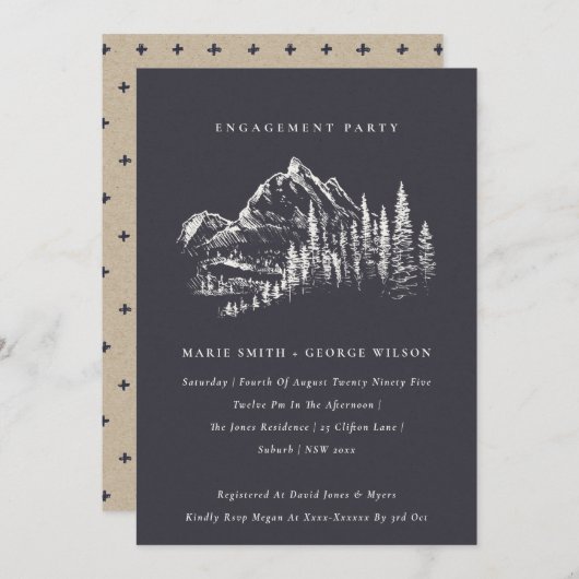 Navy Pine Bossen Mountain Sketch Verloving Invite Bedankkaart (Voorkant / Achterkant)