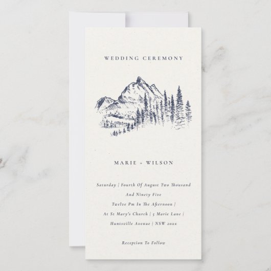 Navy Pine Bossen Mountain Sketch Wedding Invite Bedankkaart (Voorkant)