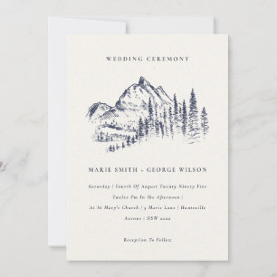 Navy Pine Bossen Mountain Sketch Wedding Invite Bedankkaart