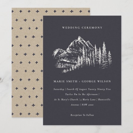 Navy Pine Bossen Mountain Sketch Wedding Invite Bedankkaart (Voorkant / Achterkant)
