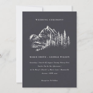 Navy Pine Bossen Mountain Sketch Wedding Invite Bedankkaart