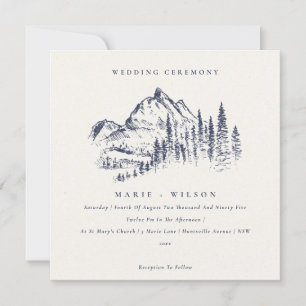 Navy Pine Bossen Mountain Sketch Wedding Invite Bedankkaart
