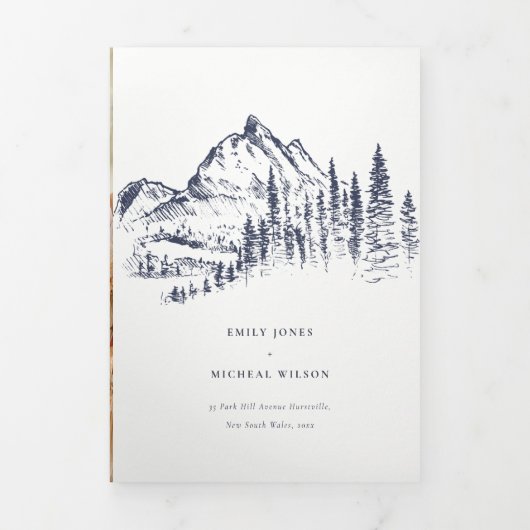 Navy Pine Bossen Mountain Sketch Wedding QR Code Drieluik Aankondiging (Cover)