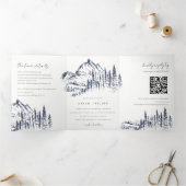 Navy Pine Bossen Mountain Sketch Wedding QR Code Drieluik Aankondiging (Binnen)