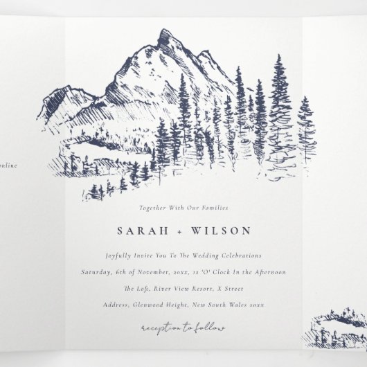 Navy Pine Bossen Mountain Sketch Wedding QR Code Drieluik Aankondiging (Binnenkant midden)