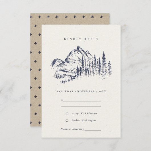 Navy Pine Bossen Mountain Sketch Wedding RSVP Informatiekaartje (Voorkant / Achterkant)